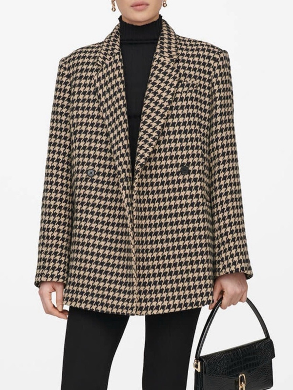 Anine Bing Houndstooth Double-Breasted Blazer - Black & Beige